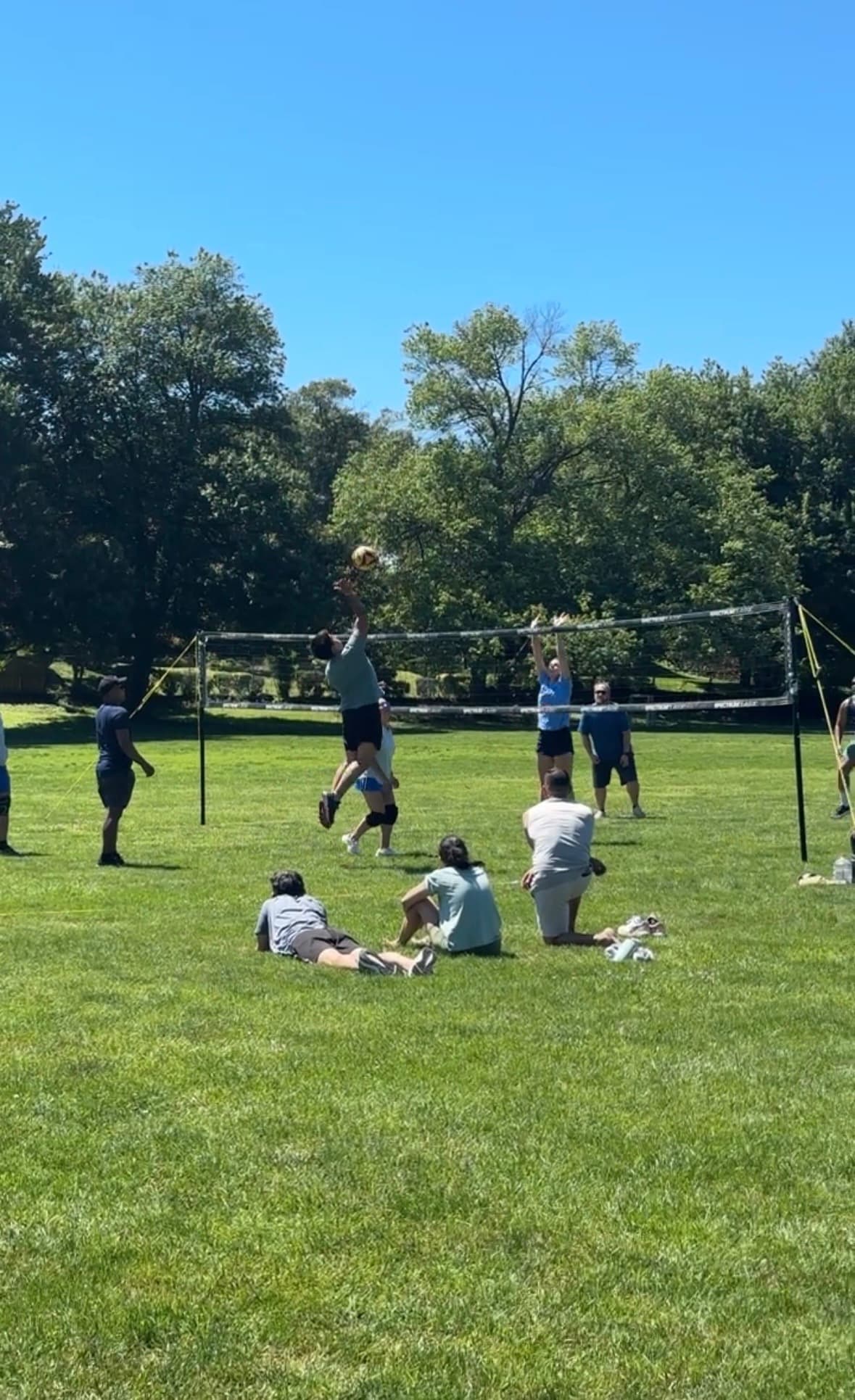 Players competing at a FREEBALL grass volleyball match